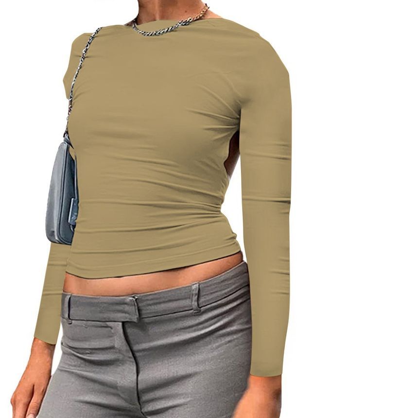 Way Plain Crop Long-Sleeve Boat T-Shirt Neck Backless Two