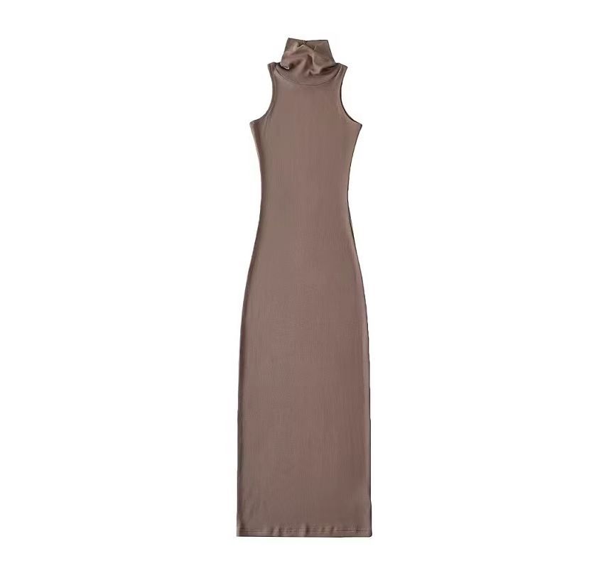 Turtleneck Plain Dress Sleeveless Slim-Fit