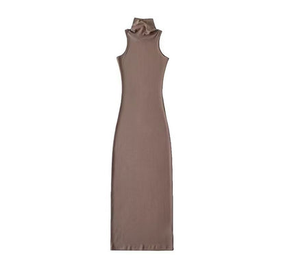 Turtleneck Plain Dress Sleeveless Slim-Fit