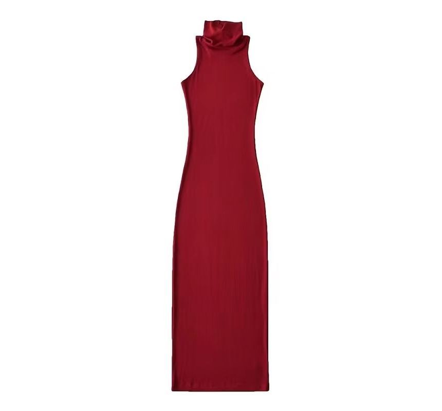 Turtleneck Plain Dress Sleeveless Slim-Fit