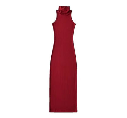 Slim-Fit Turtleneck Plain Sleeveless Dress