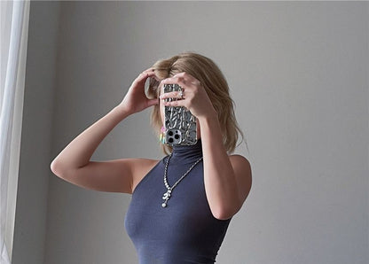 Slim-Fit Turtleneck Plain Sleeveless Dress