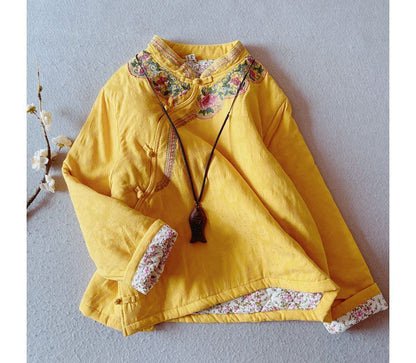 Mandarin Collar Floral Embroidered Frog Button Jacket