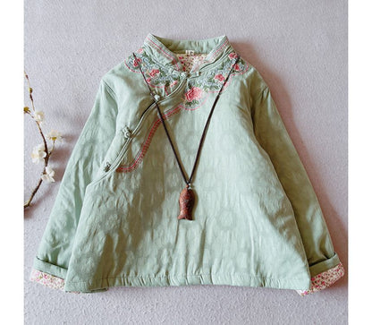 Mandarin Collar Floral Embroidered Frog Button Jacket