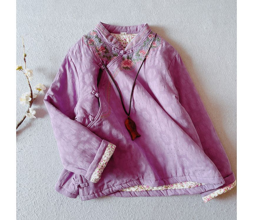 Mandarin Collar Floral Embroidered Frog Button Jacket