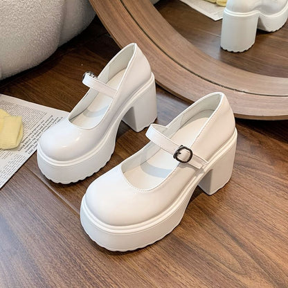 Shoes Platform Heel Jane Block Leather Mary Faux