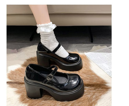 Shoes Platform Heel Jane Block Leather Mary Faux