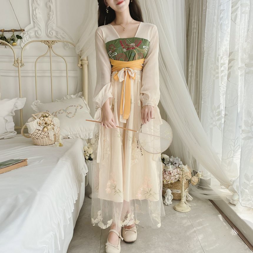 Long-Sleeve V-Neck Tie-Waist Floral Embroidery Sheer Maxi A-Line Dress