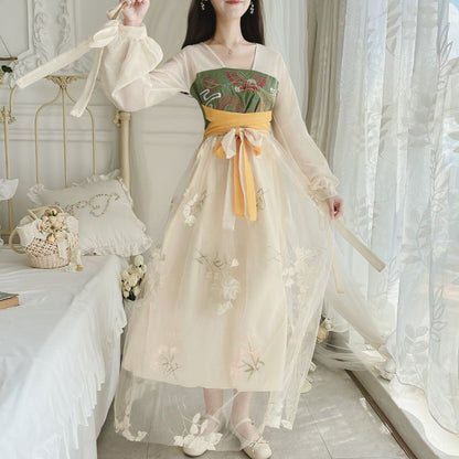 Long-Sleeve V-Neck Tie-Waist Floral Embroidery Sheer Maxi A-Line Dress