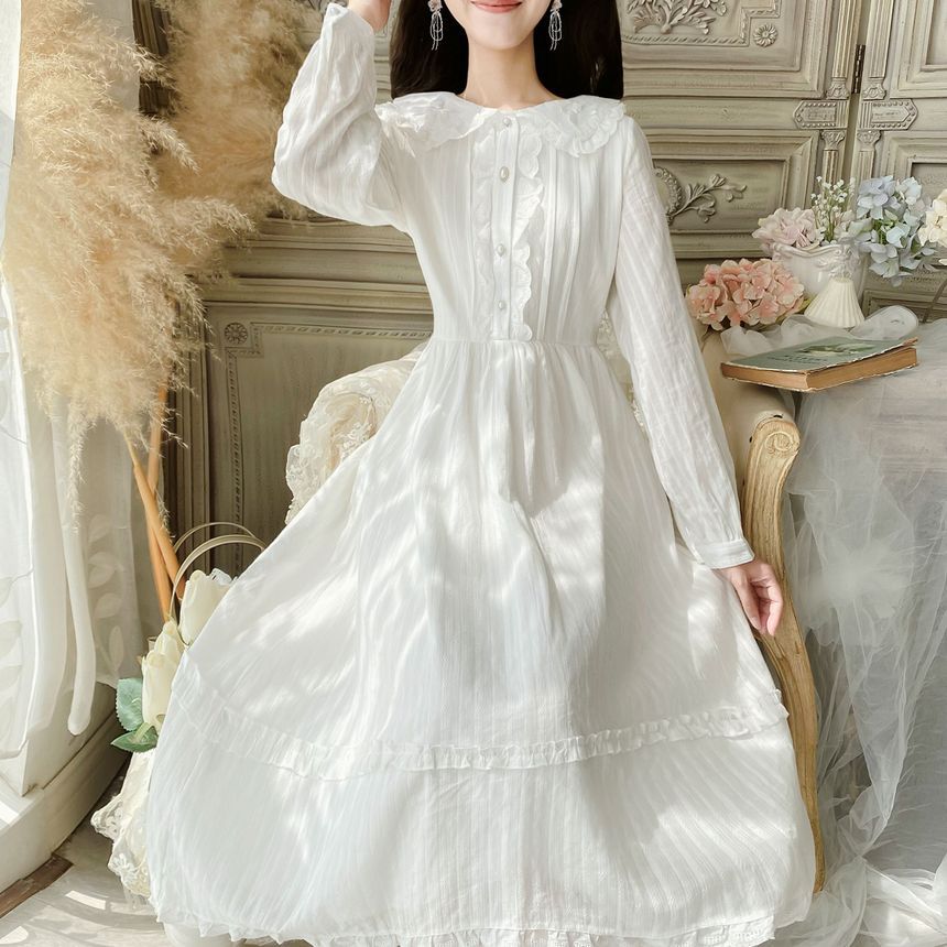 Long-Sleeve Doll Collar Plain Frill Trim Faux Pearl Half-Button Midi A-Line Dress