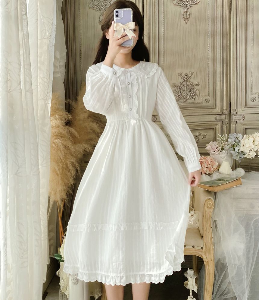 Long-Sleeve Doll Collar Plain Frill Trim Faux Pearl Half-Button Midi A-Line Dress