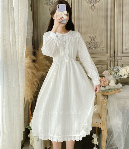 Long-Sleeve Doll Collar Plain Frill Trim Faux Pearl Half-Button Midi A-Line Dress