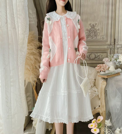 Long-Sleeve Doll Collar Plain Frill Trim Faux Pearl Half-Button Midi A-Line Dress