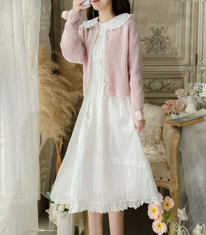 Long-Sleeve Doll Collar Plain Frill Trim Faux Pearl Half-Button Midi A-Line Dress