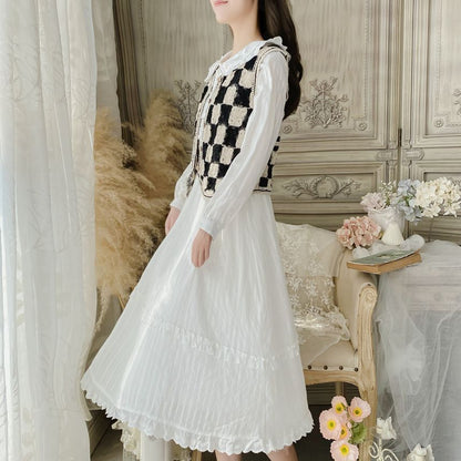 Long-Sleeve Doll Collar Plain Frill Trim Faux Pearl Half-Button Midi A-Line Dress