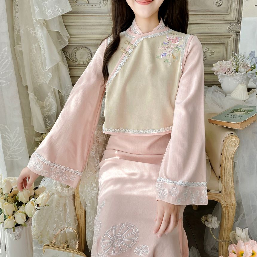 Set: Bell-Sleeve Mandarin Collar Midi A-Line Dress + Floral Embroidery Frog Button Crop Vest