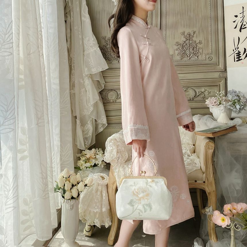 Set: Bell-Sleeve Mandarin Collar Midi A-Line Dress + Floral Embroidery Frog Button Crop Vest