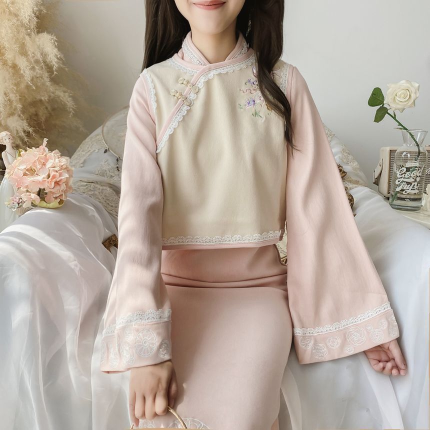 Set: Bell-Sleeve Mandarin Collar Midi A-Line Dress + Floral Embroidery Frog Button Crop Vest