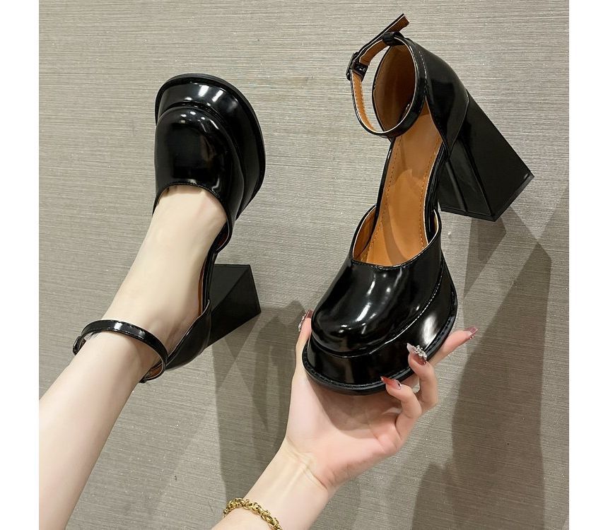 Strap Pumps Block-Heel Square-Toe Ankle