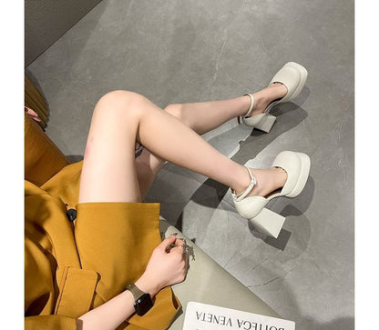 Strap Pumps Block-Heel Square-Toe Ankle