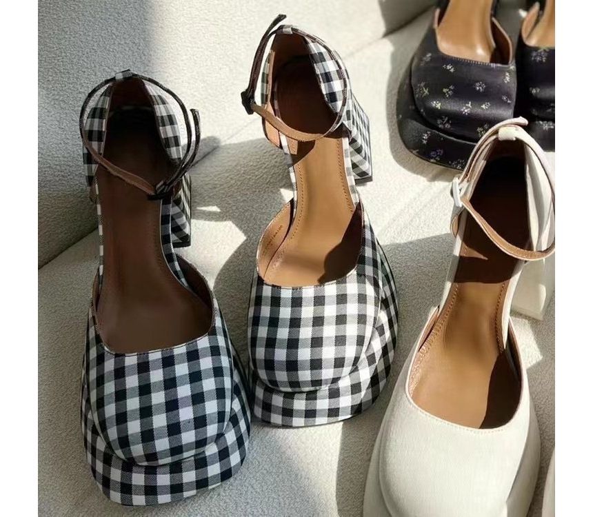 Strap Pumps Block-Heel Square-Toe Ankle