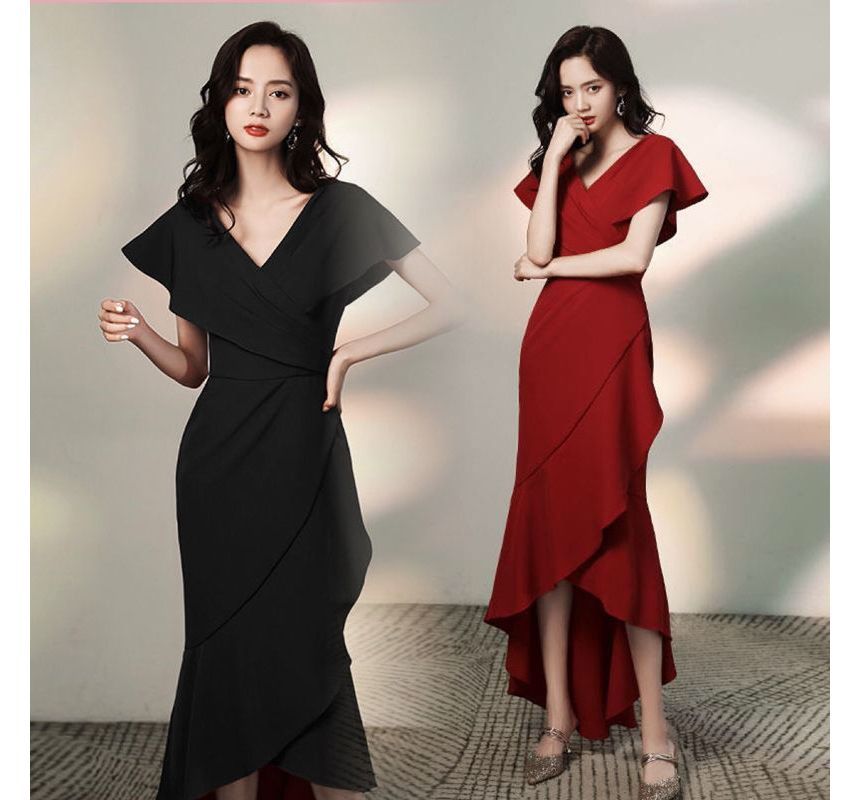 Short-Sleeve V-Neck Plain Asymmetric Dress