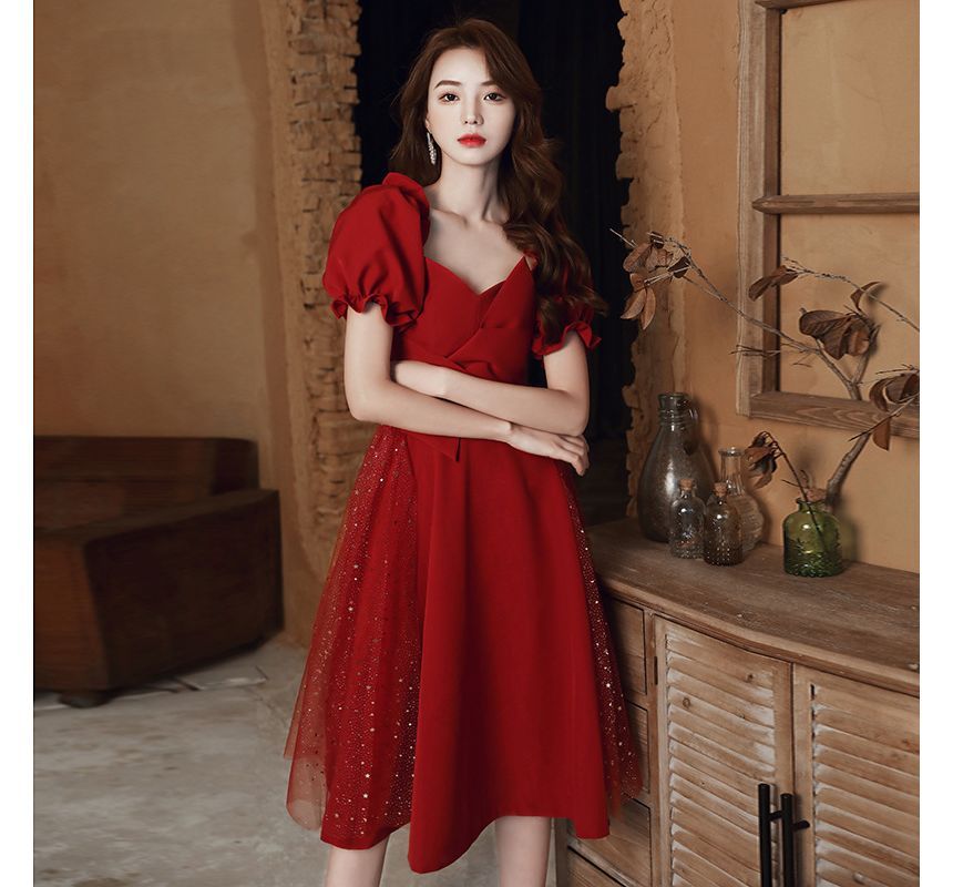 Short-Sleeve Sequin Panel Plain Dress