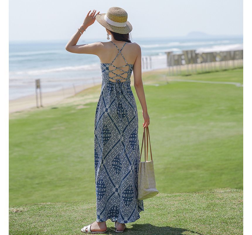 Print Dress Strap Midi Spaghetti A-Line Paisley