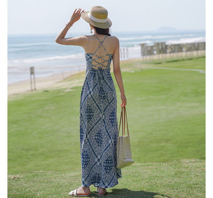 Print Dress Strap Midi Spaghetti A-Line Paisley