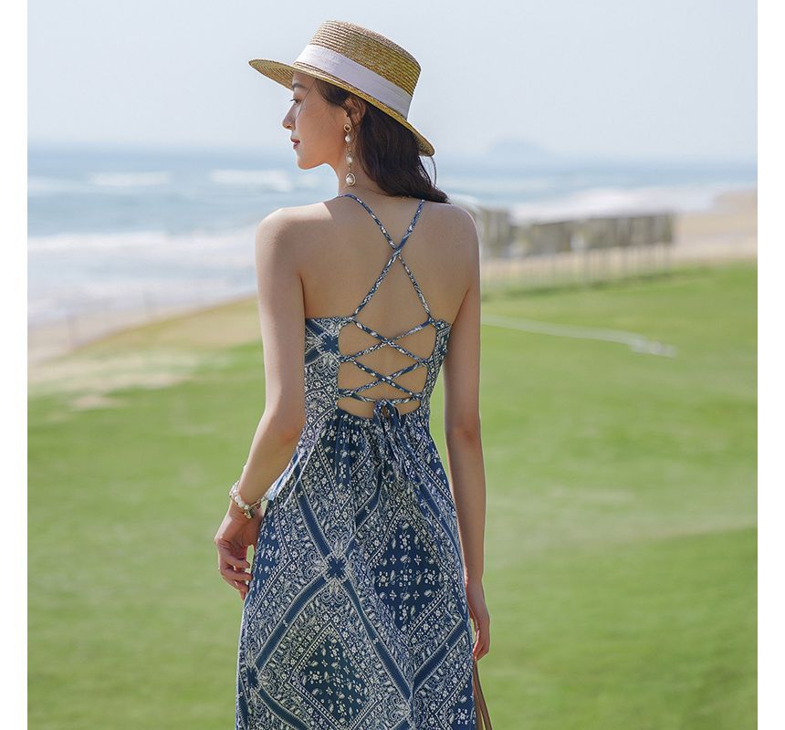 Print Dress Strap Midi Spaghetti A-Line Paisley