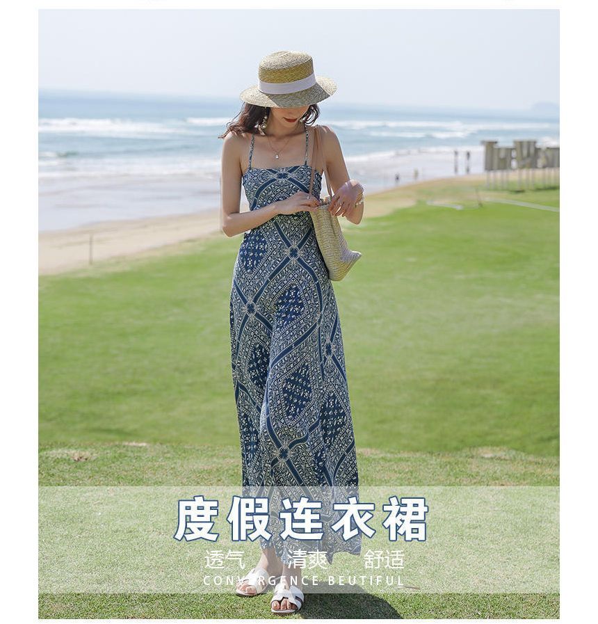 Print Dress Strap Midi Spaghetti A-Line Paisley