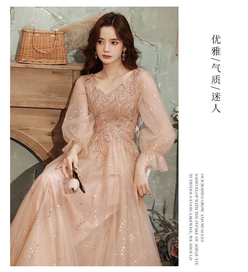 Long-Sleeve V-Neck Sequined Floral Sheer Overlay A-Line Evening Gown