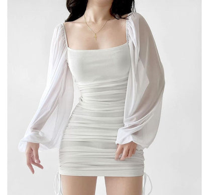 Mini Dress Plain Puff-Sleeve Neck Drawstring Sheath Square