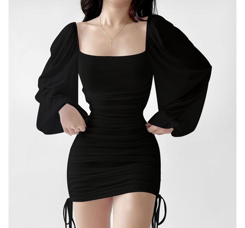 Mini Dress Plain Puff-Sleeve Neck Drawstring Sheath Square