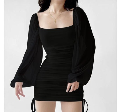 Mini Dress Plain Puff-Sleeve Neck Drawstring Sheath Square