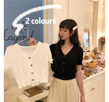 Button-Up Top Perforated Knit V-Neck Short-Sleeve