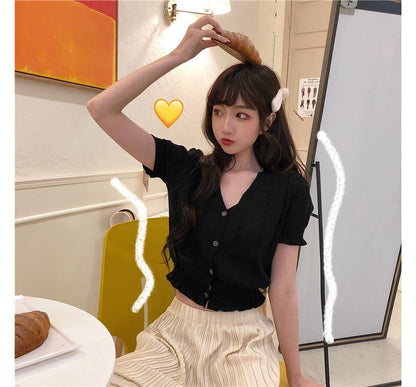 Button-Up Top Perforated Knit V-Neck Short-Sleeve