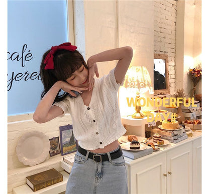 Button-Up Top Perforated Knit V-Neck Short-Sleeve