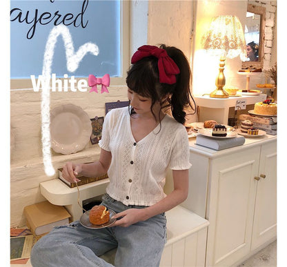 Button-Up Top Perforated Knit V-Neck Short-Sleeve