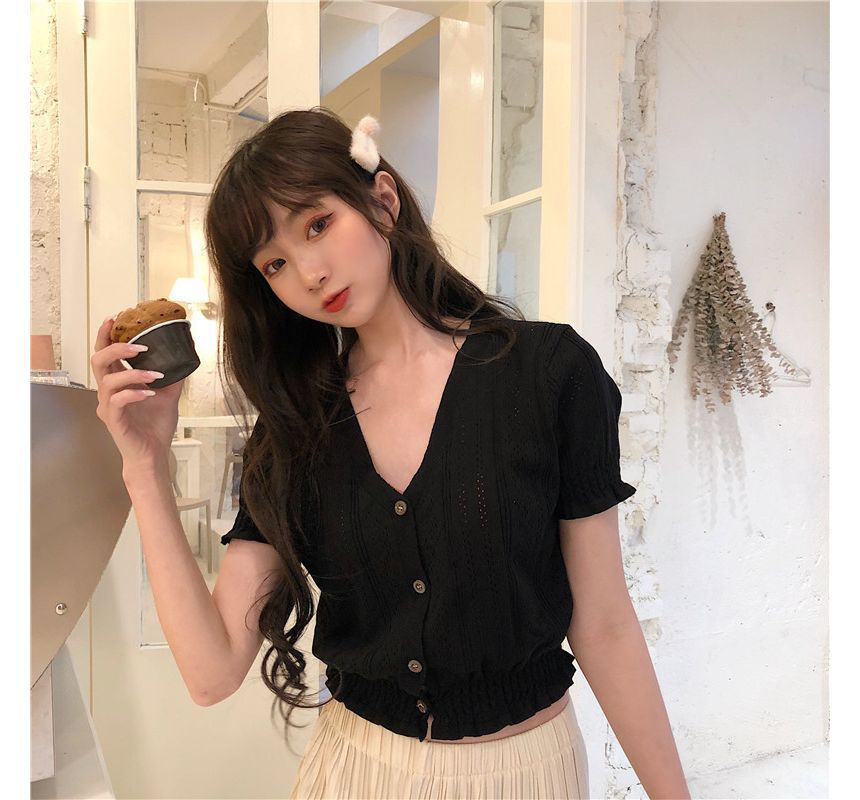 Button-Up Top Perforated Knit V-Neck Short-Sleeve