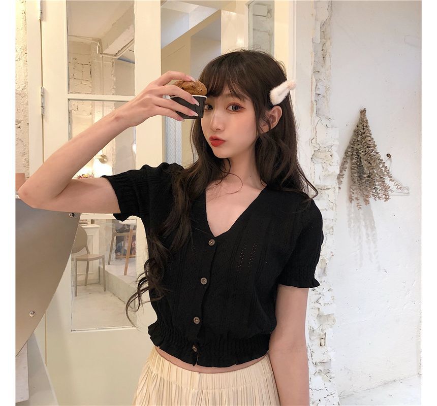 Button-Up Top Perforated Knit V-Neck Short-Sleeve