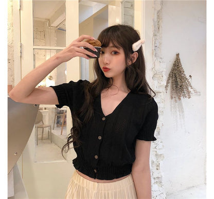 Button-Up Top Perforated Knit V-Neck Short-Sleeve