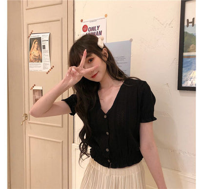 Button-Up Top Perforated Knit V-Neck Short-Sleeve