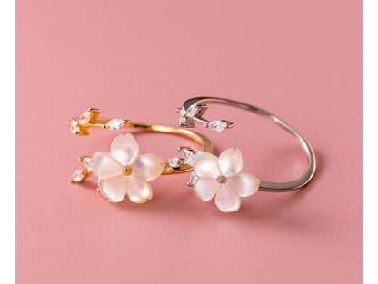 Floral Shell Rhinestone Sterling Silver Open Ring