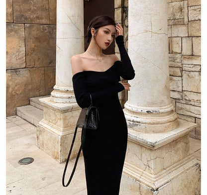 Long-Sleeve Off Shoulder Plain Backless Knit Midi Sheath Dress