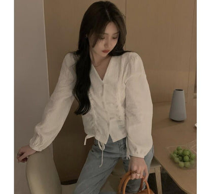 Long-Sleeve V-Neck Plain Ruched Button-Up Blouse