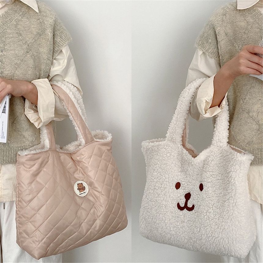 Cartoon Embroidered Fleece Tote Bag