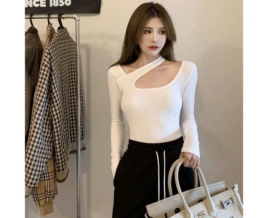 Asymmetrical T-Shirt Neck Cutout Plain Long-Sleeve