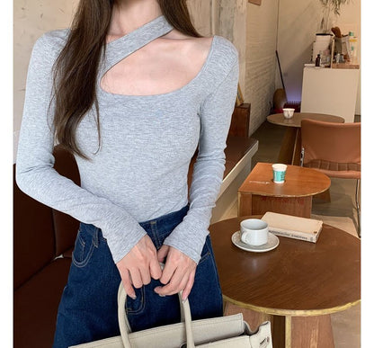 Asymmetrical T-Shirt Neck Cutout Plain Long-Sleeve