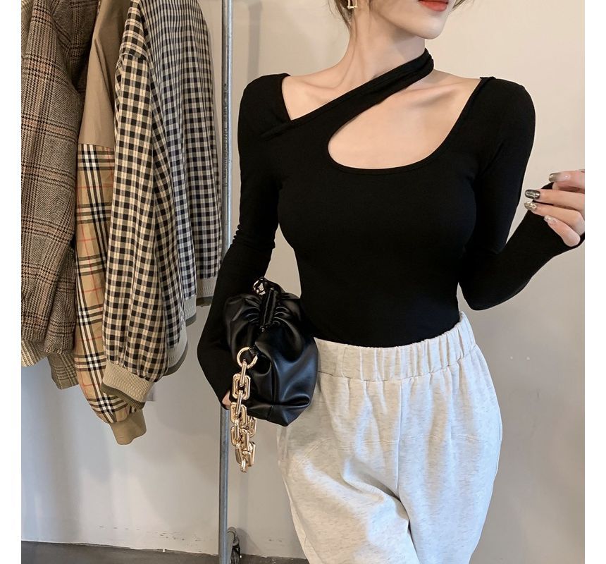 Asymmetrical T-Shirt Neck Cutout Plain Long-Sleeve